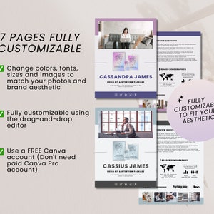 K&ouml;nnte beinhalten: Eine anpassbare Medienmappe und Interviewpaket-Vorlage mit einem rosa-wei&szlig;en Farbschema. Die Vorlage zeigt ein Foto einer Person, die an einem Laptop sitzt, und den Text "CASSANDRA JAMES MEDIA KIT & INTERVIEW PACKAGE".