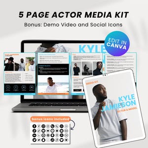 May include: A five-page actor media kit with a demo video and social icons. The kit is designed to be edited in Canva. The cover page features a photo of a man with the text "Kyle Jameson Actor & Model".