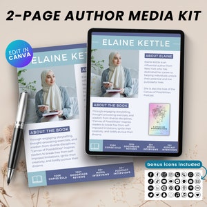 Könnte beinhalten: Eine zweiseitige Autoren-Medienkit-Vorlage in Blau und Weiß. Die Vorlage zeigt ein Foto einer Frau mit einem Hijab und ein Buchcover mit dem Titel "Canvas of Possibilities". Die Vorlage enthält auch Social-Media-Icons und Statistiken über das Buch und den Podcast des Autors.