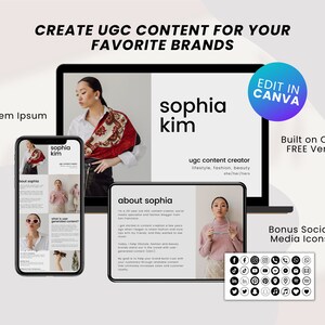 May include: A digital marketing template for creating user-generated content (UGC) for social media. The template features a woman with a red scarf and a black leather jacket. The text on the template reads "sophia kim" and "ugc content creator". The template is designed to be edited in Canva.