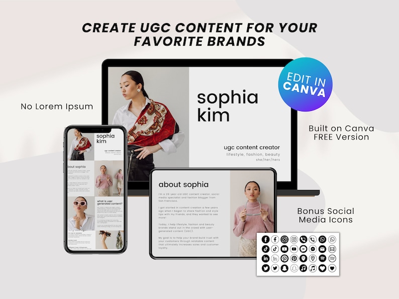 May include: A digital marketing template for creating user-generated content (UGC) for social media. The template features a woman with a red scarf and a black leather jacket. The text on the template reads "sophia kim" and "ugc content creator". The template is designed to be edited in Canva.