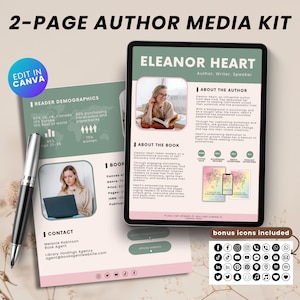 Puede incluir: Una plantilla de kit de medios para autores de dos páginas con un esquema de color verde y rosa. La primera página presenta una foto de una mujer trabajando en una computadora portátil, una sección titulada "Demografía de lectores" y una sección titulada "Contacto". La segunda página presenta una foto de una mujer leyendo un libro, una sección titulada "Acerca del autor", una sección titulada "Acerca del libro" y una sección titulada "Íconos de bonificación incluidos".