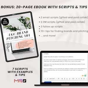 May include: A digital marketing ebook titled "UGC Brand Pitching 101" with a 20-page ebook icon and a laptop screen showing an email template with the text "Hi [NAME], Something specific about the product or company..."
