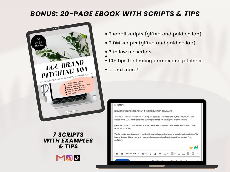 May include: A digital marketing ebook titled "UGC Brand Pitching 101" with a 20-page ebook icon and a laptop screen showing an email template with the text "Hi [NAME], Something specific about the product or company..."