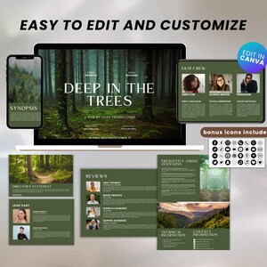 May include: A digital mockup of a movie poster template with a green forest background. The title of the movie is "Deep in the Trees". The poster includes sections for the synopsis, director's statement, lead cast, reviews, frequently asked questions, technical information, and contact information. The template is customizable and can be edited in Canva. Bonus icons are included.