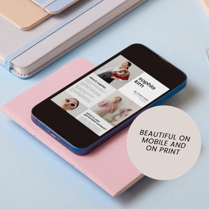 May include: A blue smartphone displaying a website with a grid of images and text. The text includes "Sophia Kim" and "about sophia". The website is designed to be visually appealing on both mobile and print.