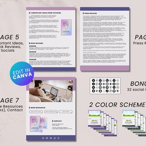 K&ouml;nnte beinhalten: Ein Mockup eines Buchcovers mit einem lila und rosa Farbschema. Das Cover zeigt ein stilisiertes Bild einer Frau mit einer Krone und dem Text "Embrace Your Power". Das Mockup zeigt verschiedene Seiten des Buches, darunter eine Seite mit wichtigen Ideen aus dem Buch, eine Seite mit Buchrezensionen, eine Seite mit Social-Media-Icons, eine Seite mit einer Pressemitteilung, eine Seite mit weiteren Ressourcen und Kontaktinformationen sowie eine Seite mit einem Bonus von 32 Social-Media-Icons. Das Mockup zeigt auch zwei Farbschemata f&uuml;r das Buchcover.