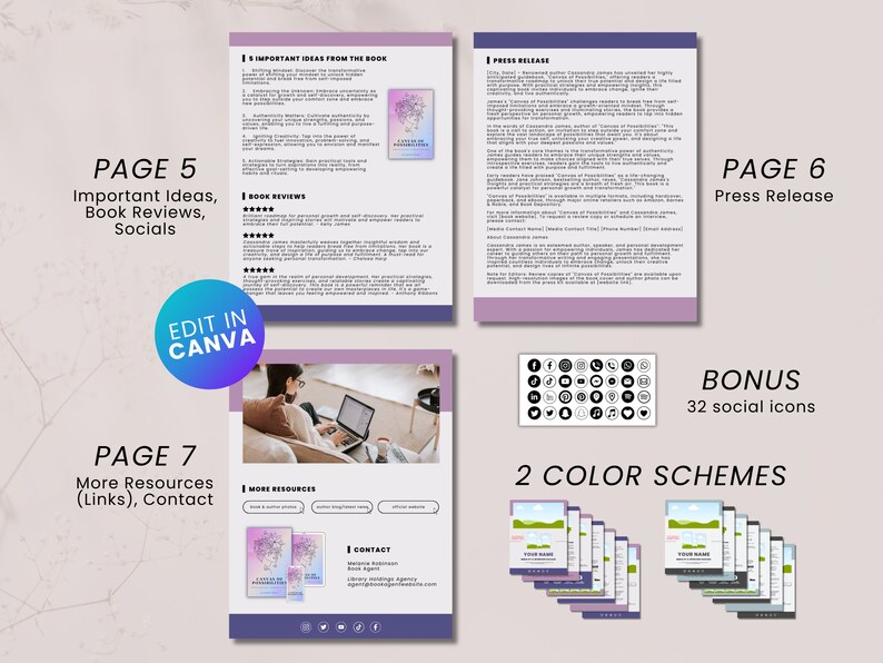 K&ouml;nnte beinhalten: Ein Mockup eines Buchcovers mit einem lila und rosa Farbschema. Das Cover zeigt ein stilisiertes Bild einer Frau mit einer Krone und dem Text "Embrace Your Power". Das Mockup zeigt verschiedene Seiten des Buches, darunter eine Seite mit wichtigen Ideen aus dem Buch, eine Seite mit Buchrezensionen, eine Seite mit Social-Media-Icons, eine Seite mit einer Pressemitteilung, eine Seite mit weiteren Ressourcen und Kontaktinformationen sowie eine Seite mit einem Bonus von 32 Social-Media-Icons. Das Mockup zeigt auch zwei Farbschemata f&uuml;r das Buchcover.