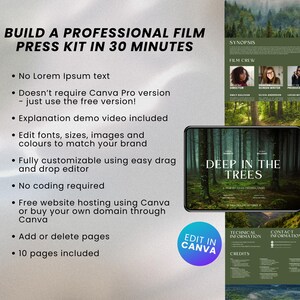 May include: A green and white Canva template for a film press kit. The template includes sections for a synopsis, film crew, technical information, credits, and contact information. The template also includes a title page with the text "Deep in the Trees" and a green and white color scheme.