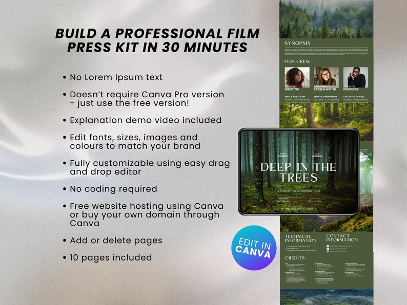 May include: A green and white Canva template for a film press kit. The template includes sections for a synopsis, film crew, technical information, credits, and contact information. The template also includes a title page with the text "Deep in the Trees" and a green and white color scheme.