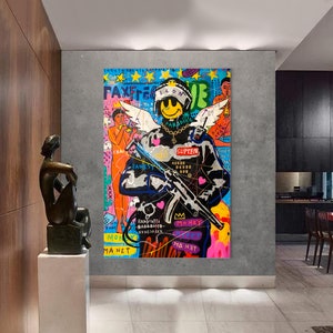Happy Cops Painting | Banksy Style Wall Art | Original Painting | 100% Hand Painted Pop Art