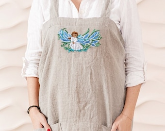 Personalized crossback apron linen embroidered crossback linen apron with pockets. Linen apron personalized with embroidery. Crossback apron