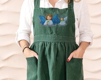 Linen pinafore dress apron personalized with logo. Embroidered linen pinafore apron with pockets. Personalized linen apron dress for women.