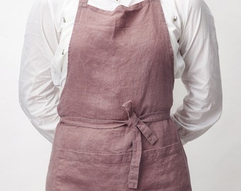 Stonewashed linen apron for women - linen pinafore apron with pockets - aprons for women with pocket - homemade aprons - artist pinafore