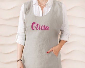 Personalized apron linen cobbler apron, embroidered linen apron. Plus size apron personalized, linen pinafore apron, personalised apron