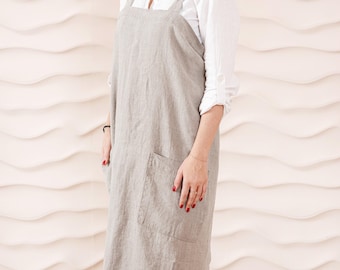 Stonewashed Linen Apron: Japanese Cross Back with Pockets