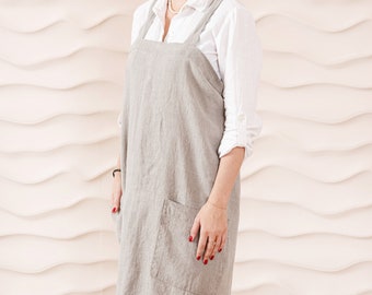 Linen japanese apron - Linen apron cross back - stonewashed linen crossback apron for women - linen apron cross back apron with pockets