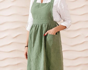 Linnen schortjurk met overgooier en zakken. Pinafore linnen schort voor dames. Linnen retro schort, linnen schort jurk schort, cadeau voor moeder