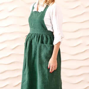 Linen pinafore apron dress with pockets for women. Retro apron linen pinafore dress image 1