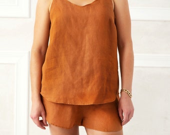 Linen Pajama Set: Women's Loose Top & Shorts Loungewear