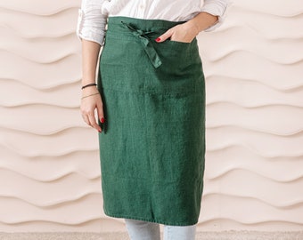 Linen waist apron for women, linen half apron with pockets, half linen apron for cooking. Cafe apron, artist apron, gift for mom