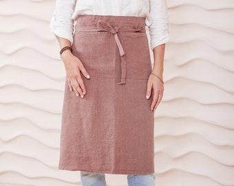 Linen waist apron with pockets, Linen half apron for women, half linen apron. Pure linen waist apron in various colors. Cooking apron