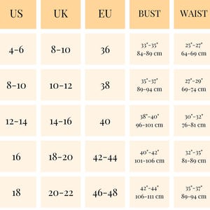 May include: Size chart for clothing with measurements in inches and centimeters. The chart shows sizes for US, UK, EU, bust, waist, and hips.