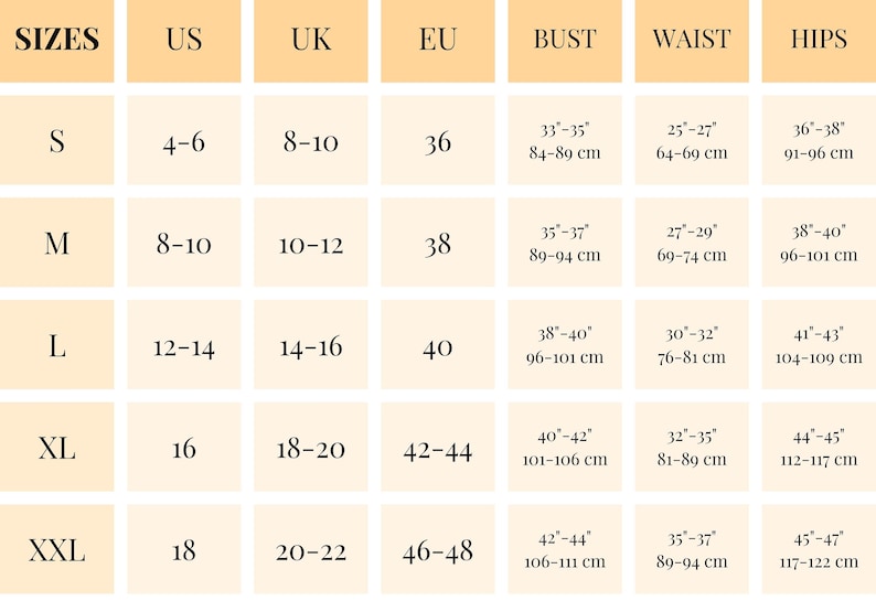 May include: Size chart for clothing with measurements in inches and centimeters. The chart shows sizes for US, UK, EU, bust, waist, and hips.