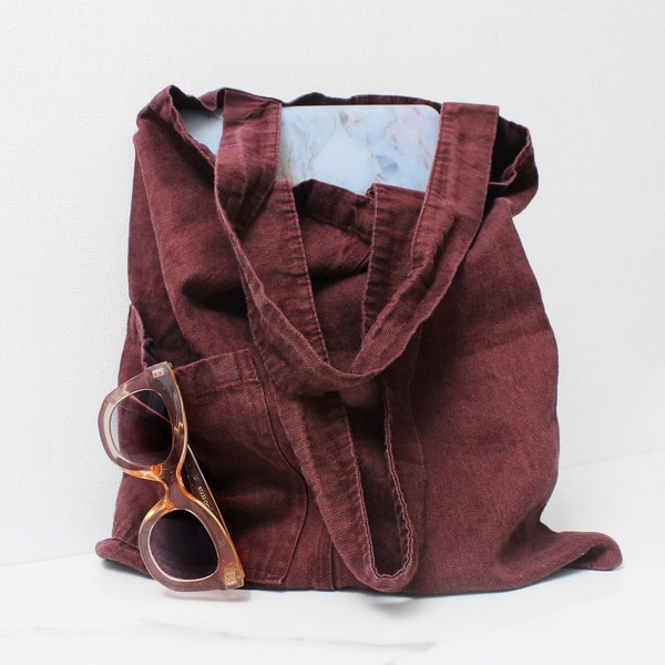 Borsa tote in lino ecologico con tasche / Borsa per la spesa in lino biologico / Borsa per prodotti riutilizzabile / Elegante borsa in lino per mercato e spiaggia