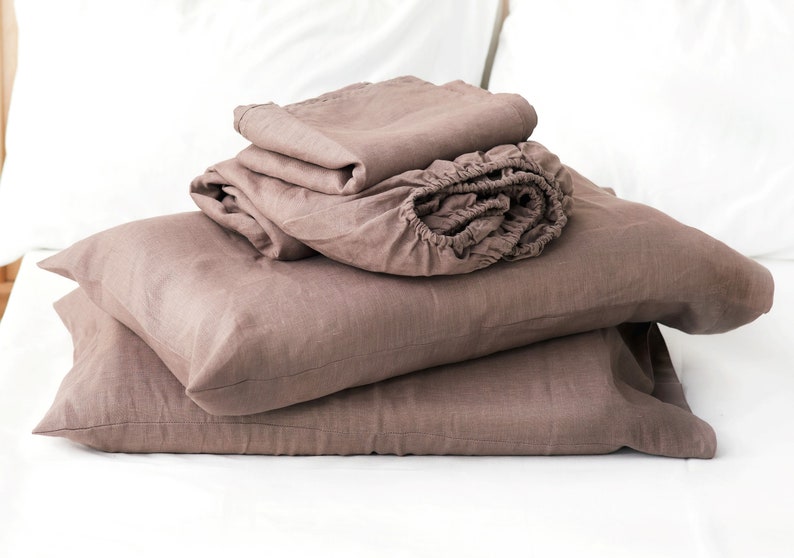 Woodrose Linen Bedding Set Queen: 2 pillowcases standard size and Organic Sheets linen fitted sheet and linen flat sheet Organic Linen image 3