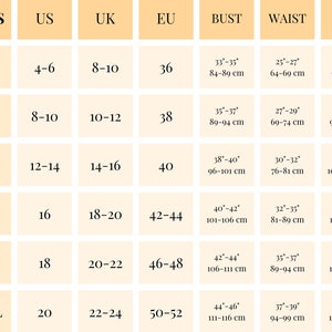 May include: Size chart for clothing with measurements in inches and centimeters. The chart shows sizes for US, UK, and EU sizing, as well as bust, waist, and hip measurements.