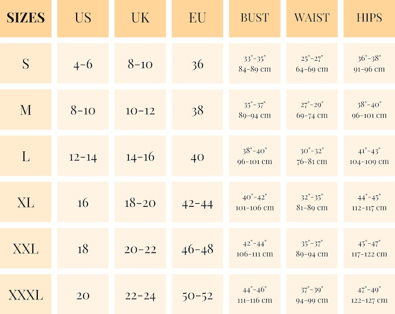 May include: Size chart for clothing with measurements in inches and centimeters. The chart shows sizes for US, UK, and EU sizing, as well as bust, waist, and hip measurements.