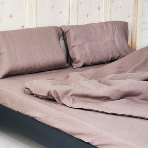 Woodrose Linen Bedding Set Queen: 2 pillowcases standard size and Organic Sheets linen fitted sheet and linen flat sheet Organic Linen image 1
