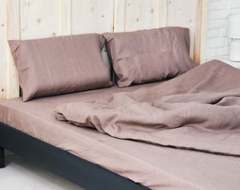 Woodrose Linen Bedding Set Queen: 2 pillowcases standard size and Organic Sheets - linen fitted sheet and linen flat sheet - Organic Linen