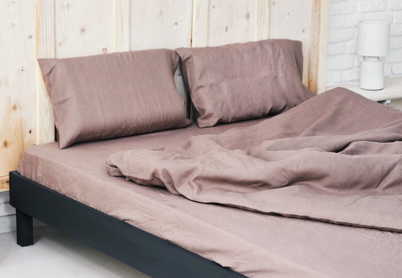 Woodrose Linen Bedding Set Queen: 2 pillowcases standard size and Organic Sheets linen fitted sheet and linen flat sheet Organic Linen image 1