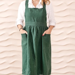 Linen pinafore apron dress with pockets for women. Retro apron linen pinafore dress. Farmhouse apron womens. Cross back smock apron