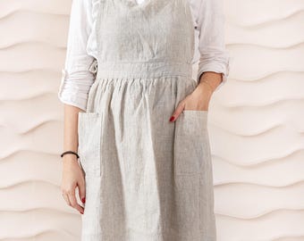 Linen Pinafore Apron Dress: Retro Stonewashed Apron with Pockets