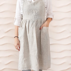 Linen pinafore apron dress with pockets for women. Retro apron linen pinafore dress Natural