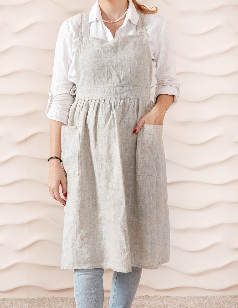 Linen pinafore apron dress with pockets for women. Retro apron linen pinafore dress Natural