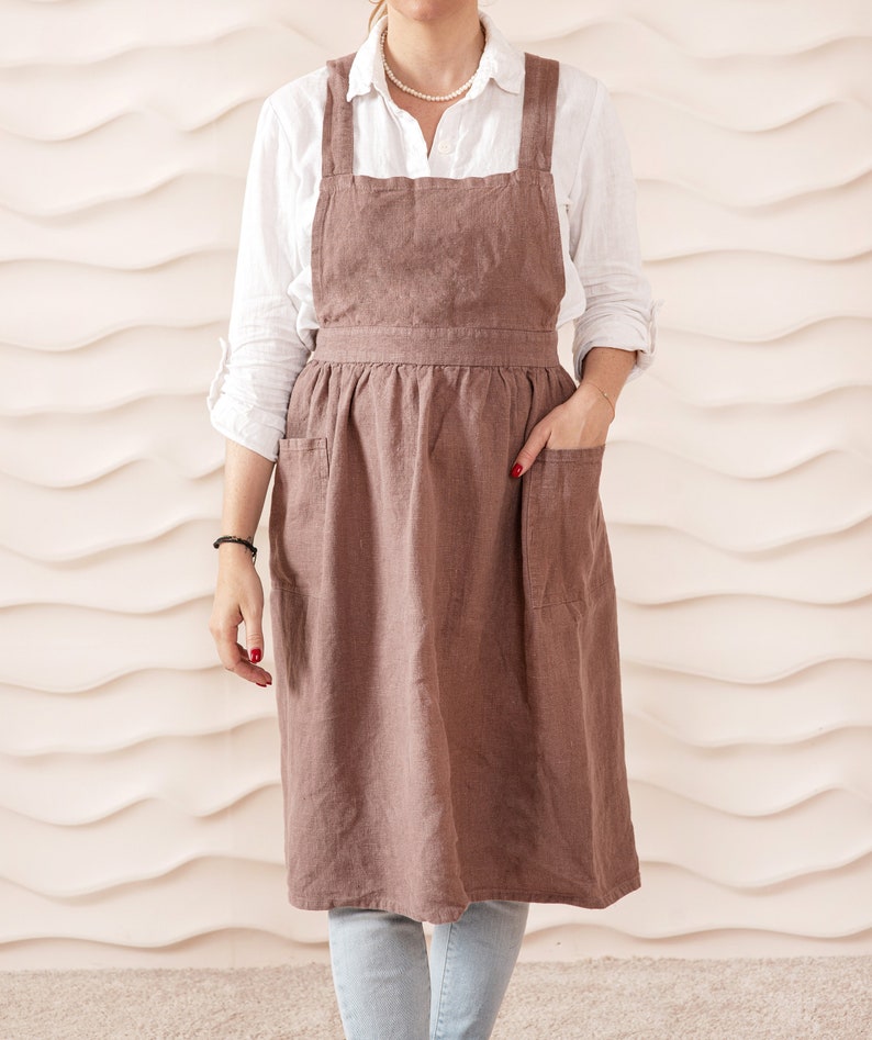 Linen pinafore apron dress with pockets for women. Retro apron linen pinafore dress Woodrose