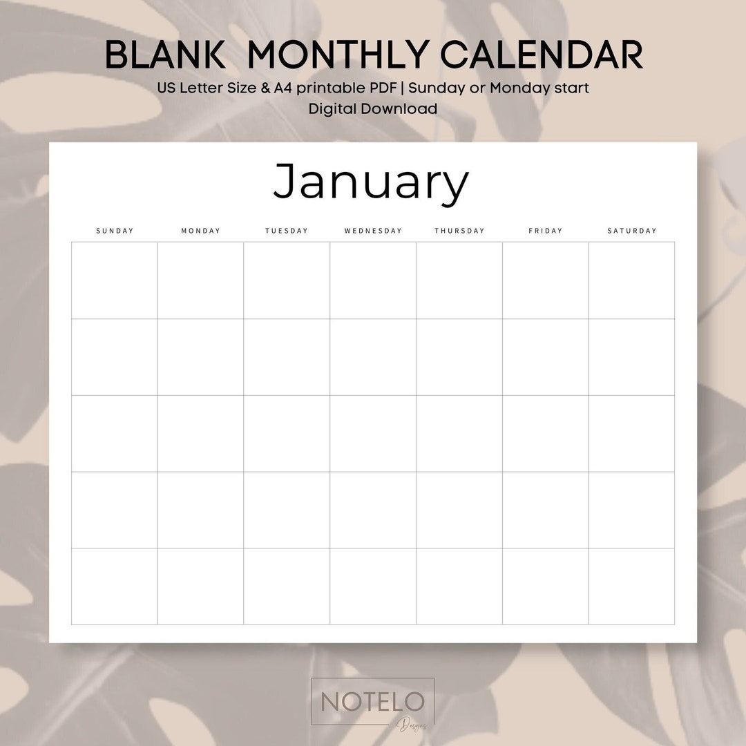 Blank Monthly Calendar Letter Size , A4, Blank Calendar Printable ...