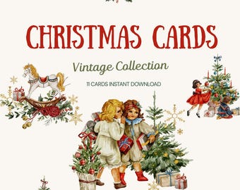 Vintage Christmas Illustration Cards | Winter Greeting Card Set | Printable Holiday Cards | Old Christmas Art | Instant Download