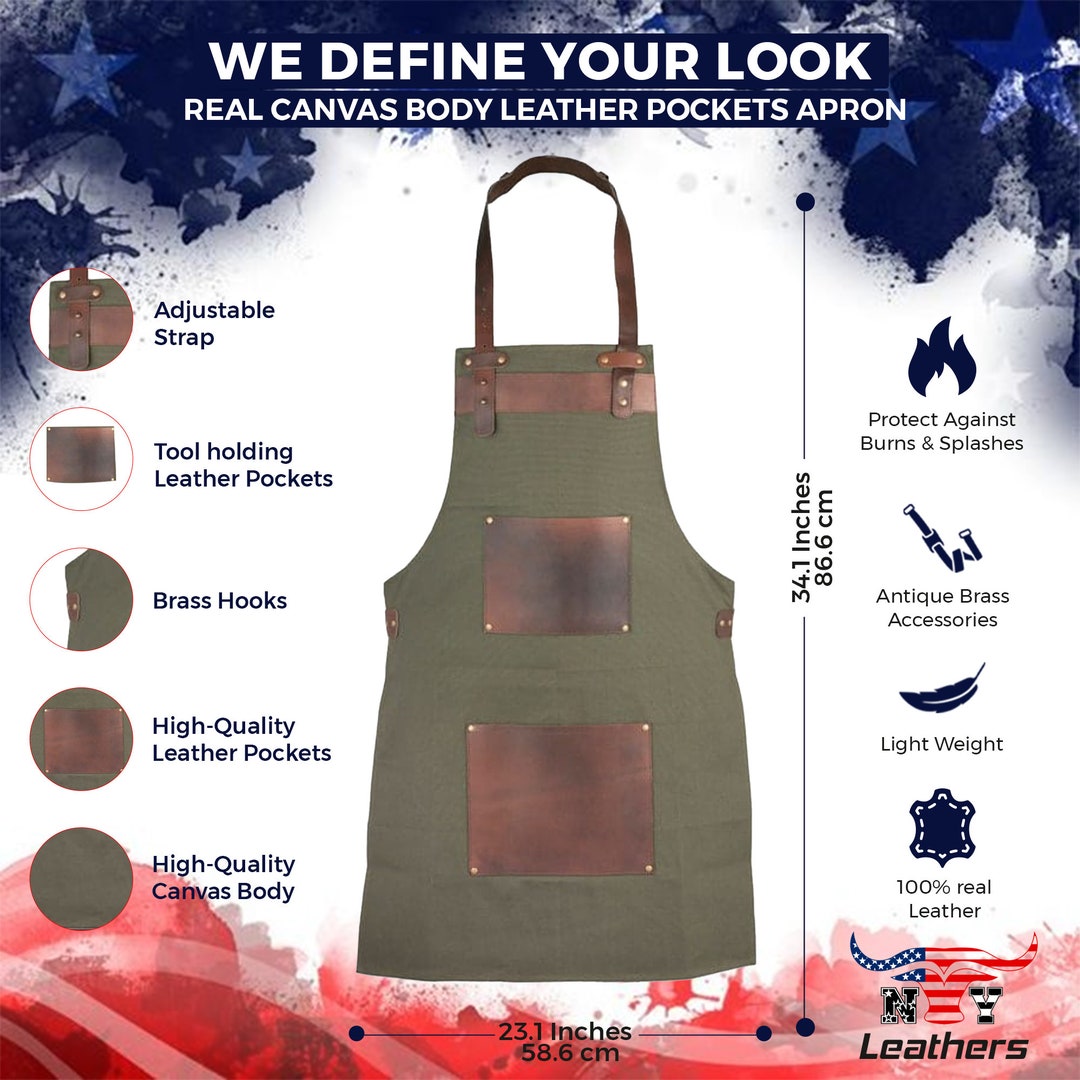 Top Grain Leather Green Canvas Apron Butcher Apron - Cook Apron - BBQ Apron - Cooking Apron ...