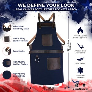 Top Grain Leather Blue Canvas Crossbody Apron Butcher Apron - BBQ Apron - Cooking Apron - Blacksmith Apron - Woodwork Apron - Christmas