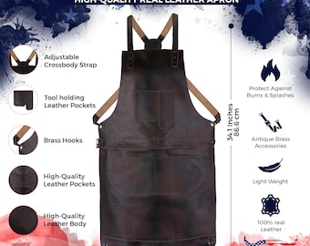 Può includere: Un grembiule in pelle marrone con spalline regolabili, due grandi tasche e ganci in ottone. Il grembiule è alto 86,6 cm e largo 58,6 cm. È realizzato in vera pelle al 100% ed è leggero. Il grembiule è progettato per proteggere da ustioni e schizzi.