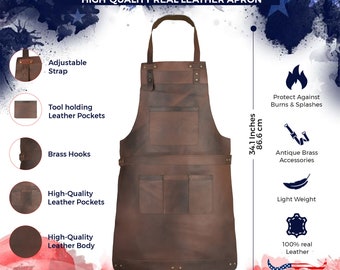 Può includere: Un grembiule in pelle marrone con più tasche e ganci in ottone. Il grembiule è alto 86,6 cm e largo 58,6 cm. È realizzato in vera pelle al 100% ed è leggero. Il grembiule è progettato per proteggere da ustioni e schizzi.
