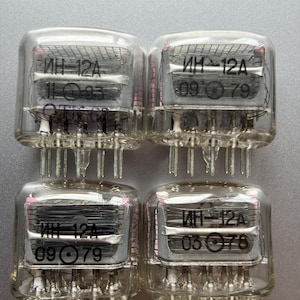Può includere: Quattro tubi nixie in vetro trasparente disposti in una griglia due per due. Ogni tubo a vuoto rettangolare presenta griglie metalliche interne e pin alla base. Il testo "ИН-12А" è stampato sulla parte anteriore di ogni unità con codici numerici.