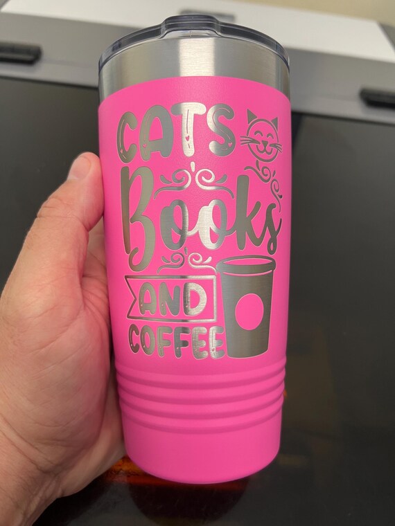Personalized Laser Engraved 20oz Tumbler: Cats, Books, Coffee