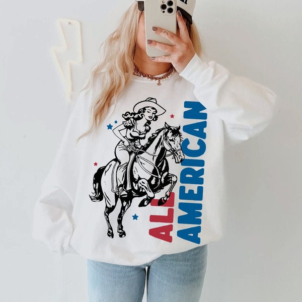 All American Sweatshirt July 4 Top Western Hoodie Oversized Sweatshirt Patriotic Clothing Horseback Cowgirl Shirt American Cowgirl Crewneck