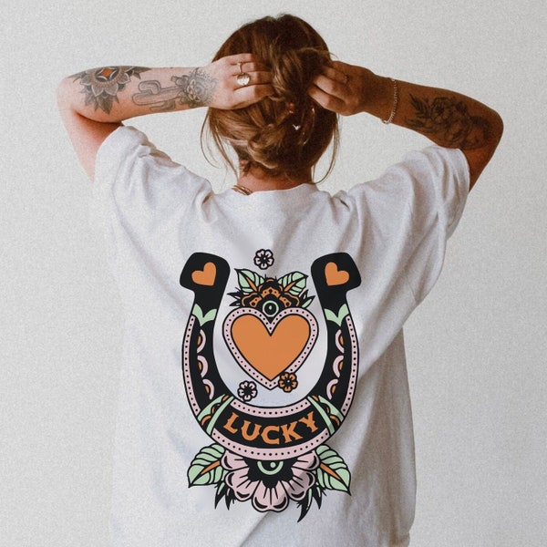 Lucky Shirt Comfort Colors® Vintage Tattoo Style Horse Shoe Tee Retro Western Shirts Oversized T Shirt Country Music Wild West Cowgirl Shirt